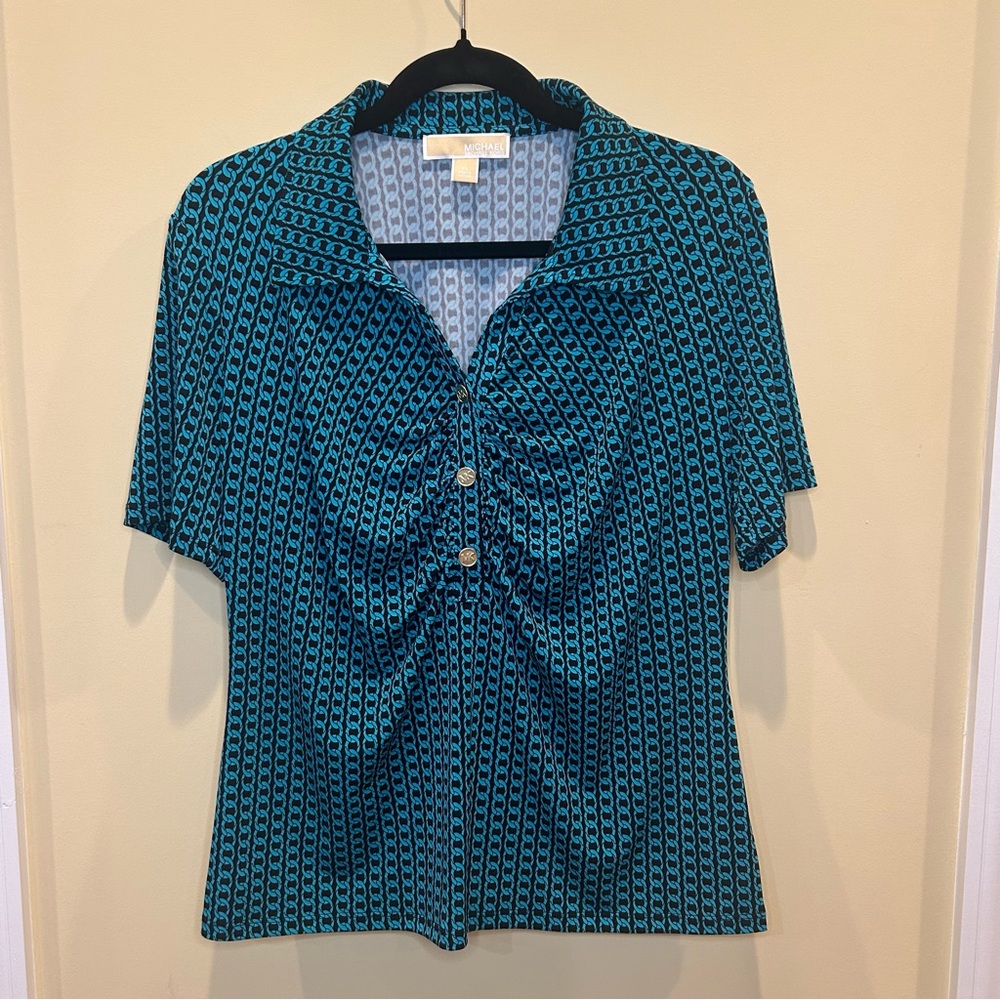 Michael Kors Blue Button Ruched-Front Top